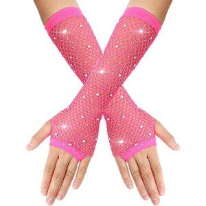 Women's Rose Red Punk Fish Net Arm Sleeve Rhinestone Gloves Costume Halloween